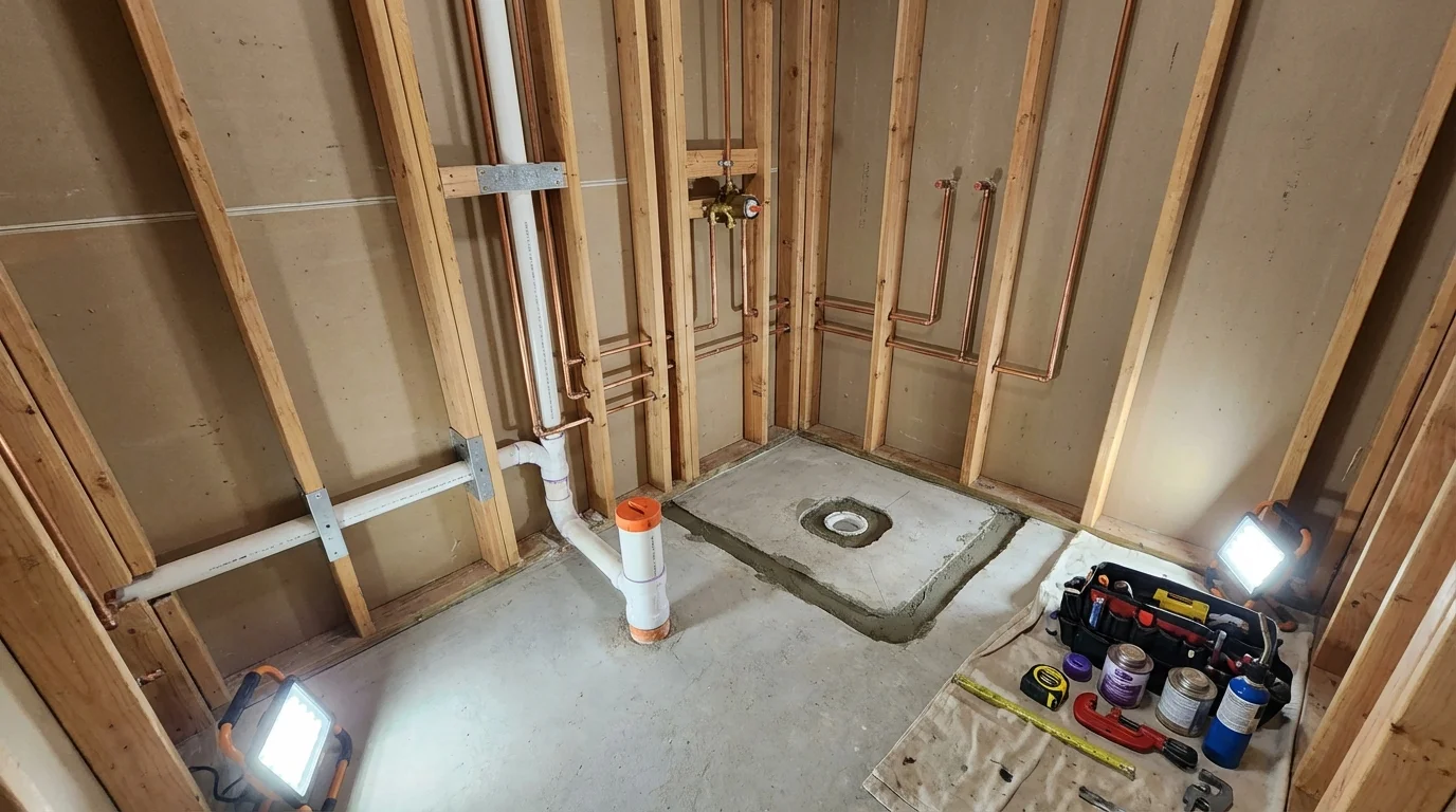 Bathroom rough-in plumbing during remodel by Johns Plumbing LLC in Coffeyville