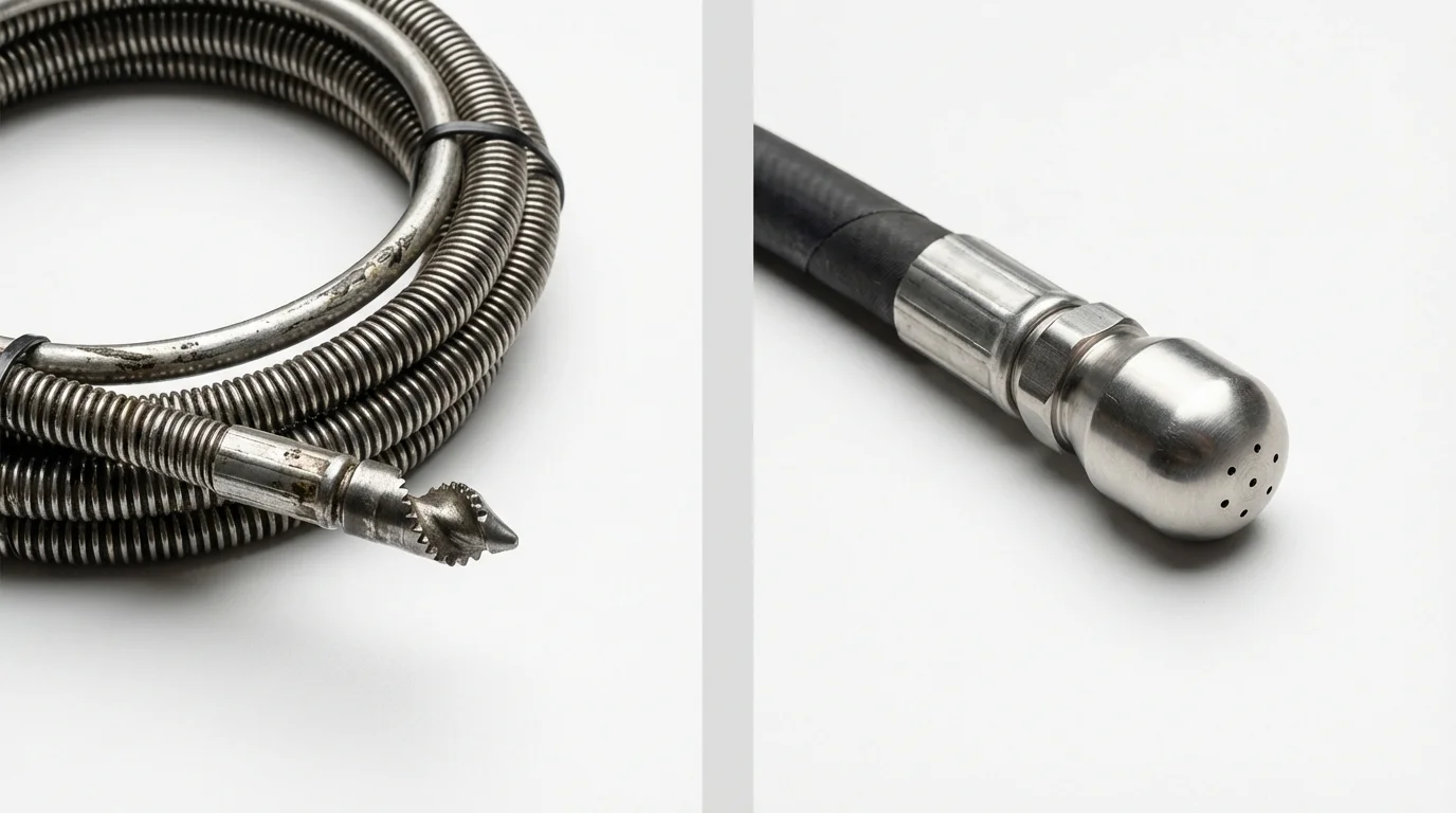 Drain snake cable and hydro jetting nozzle used for drain cleaning in Coffeyville, KS
