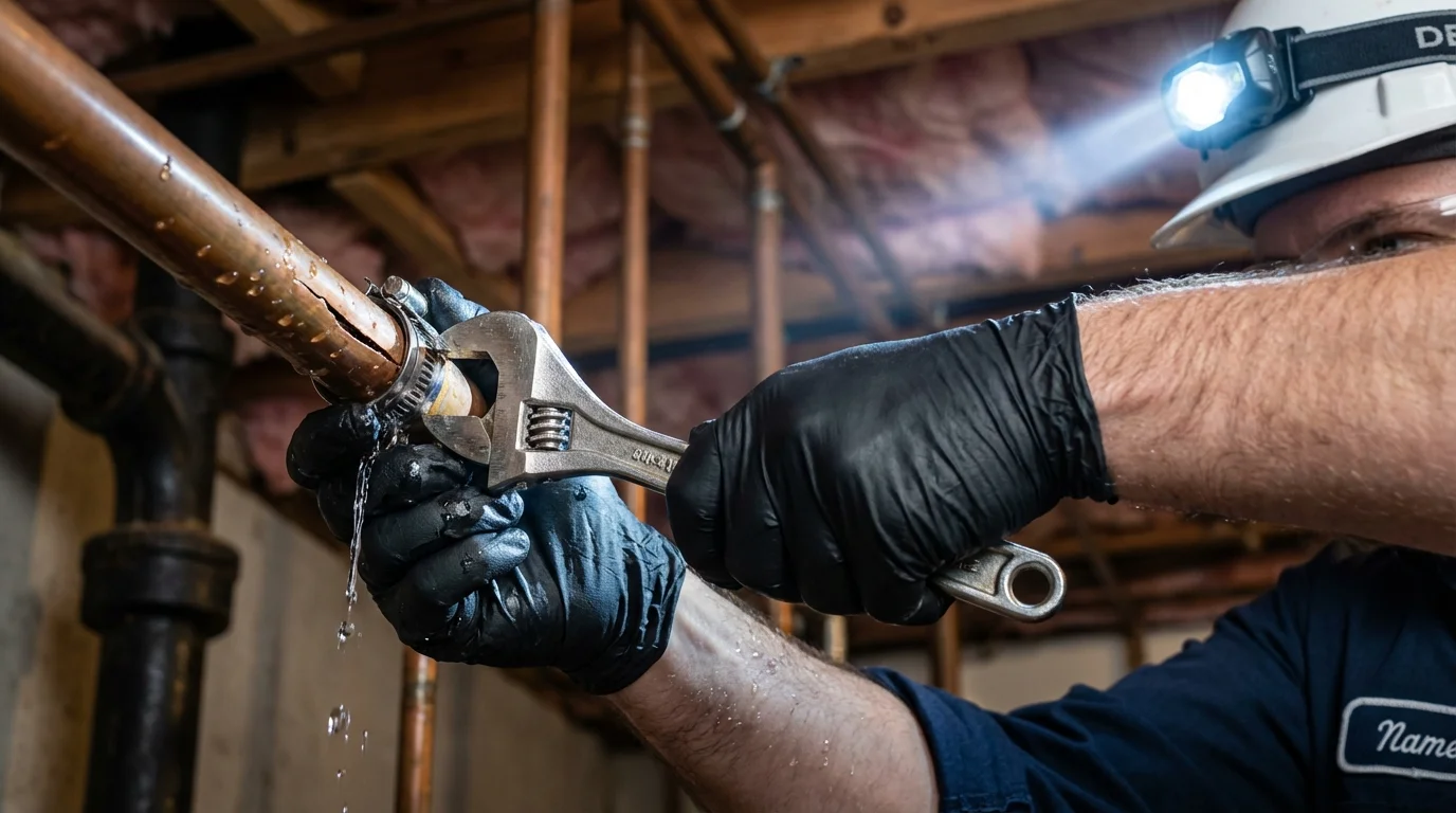 Emergency pipe clamp repair being performed by a Johns Plumbing LLC plumber in Coffeyville