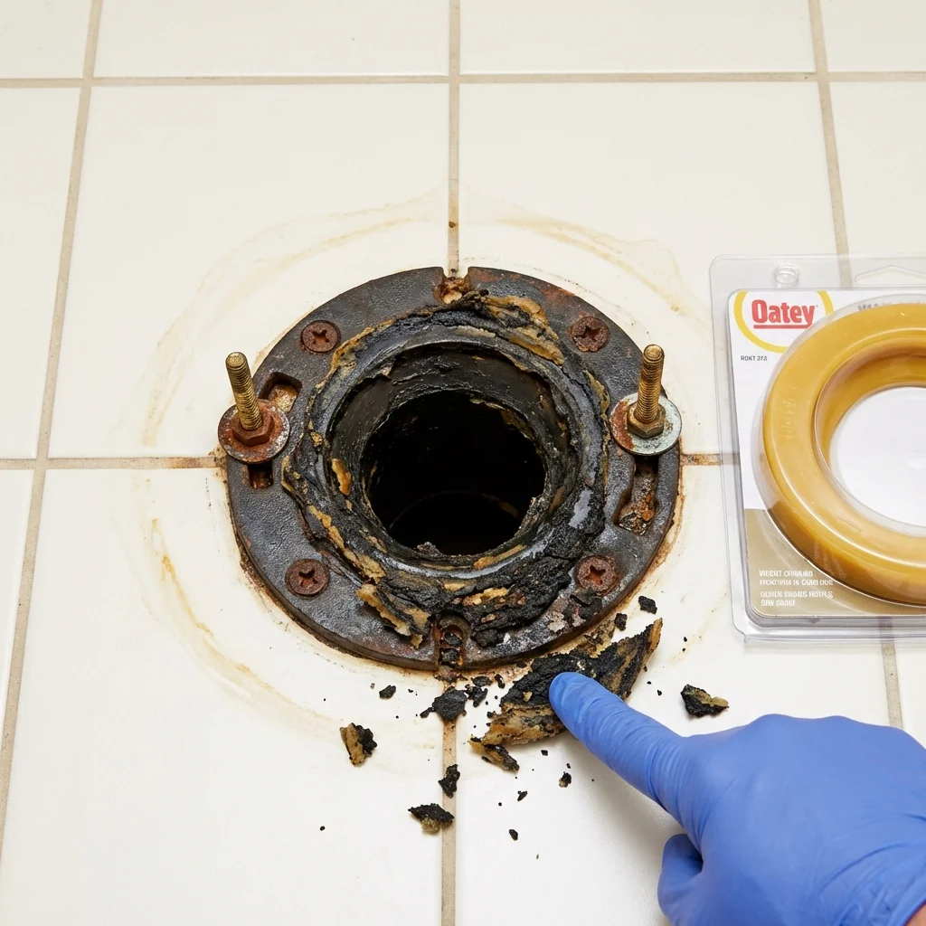 Failed wax ring showing water seepage at the base of a toilet in a Coffeyville, KS home