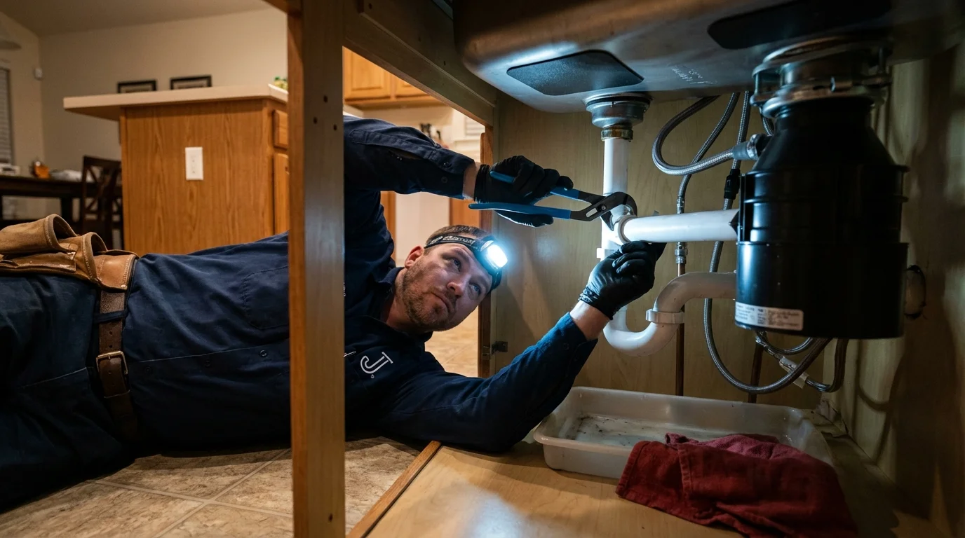 P-trap and supply line connections under a kitchen sink showing a common leak point in Coffeyville, KS
